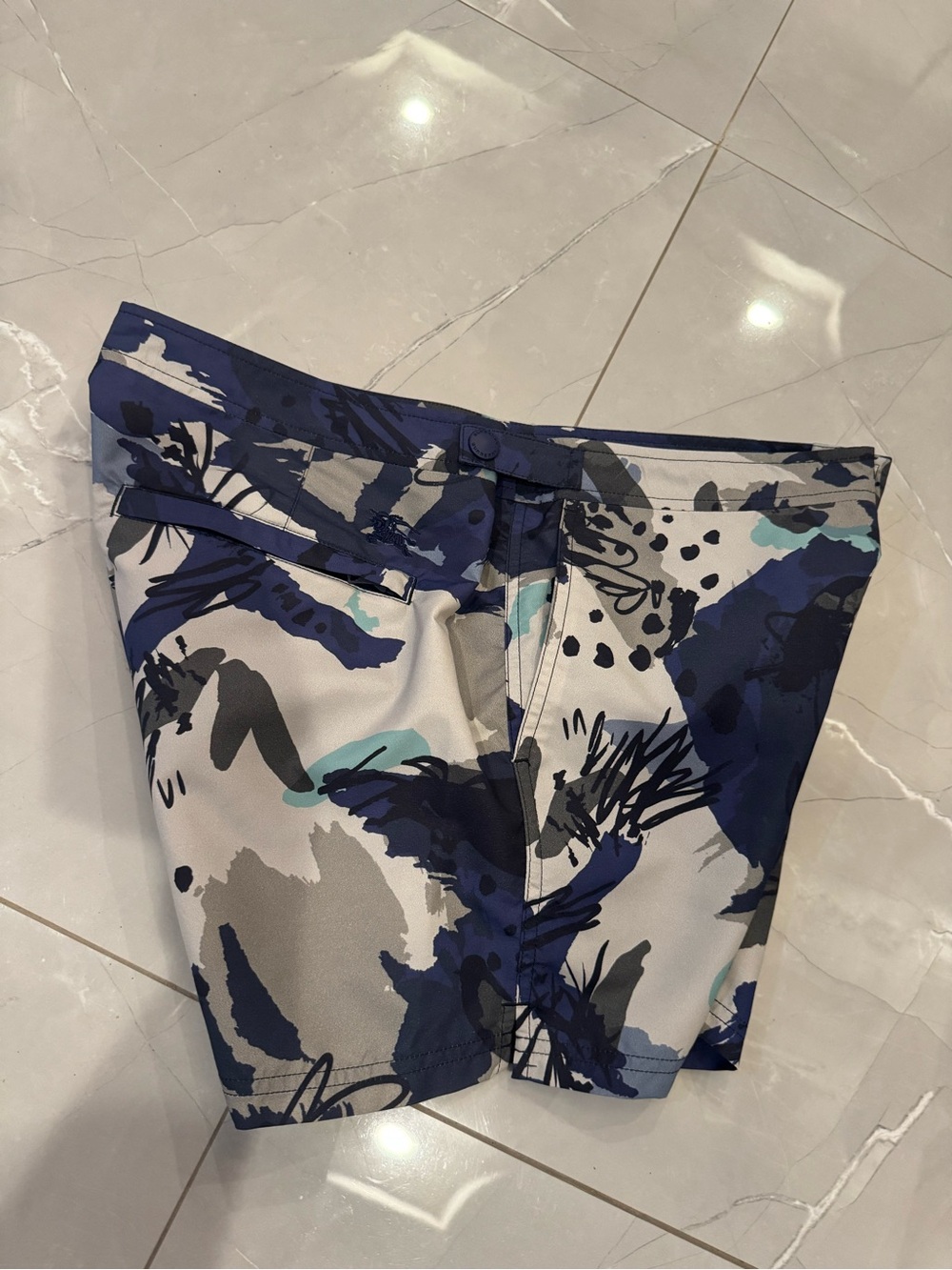 Burberry Abstract Floral Print Shorts in Blue, Gray and Black - Picture 9 of 10